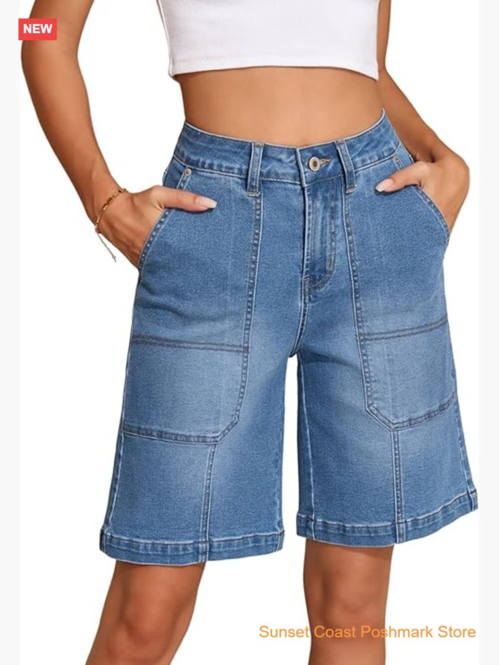 High Waisted Wide Leg Denim Bermuda Shorts with Pockets